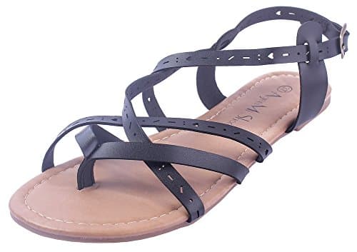 AgeeMi Shoes Women Buckle PU Solid No-Heel Split-Toe Sandals,EuL27 Black 37