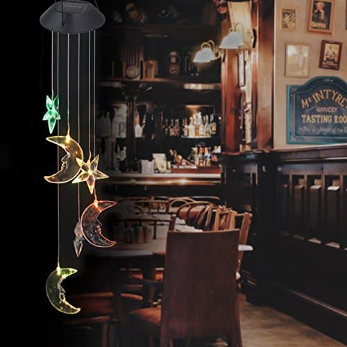 Solar Powered Wind Chimes,Suniness LED Solar Mobile Wind Chime,Color-Changing Waterproof LED Hanging Lamp Wind Chime for Outdoor Indoor Gardening Lighting Decoration Home (Star&amp;Moon)