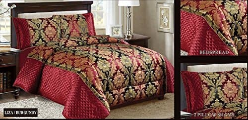 3PC Beautiful Heavy Jacquard Quilted Bedspread Comforter Set - All sizes (King, Liza Burgundy)