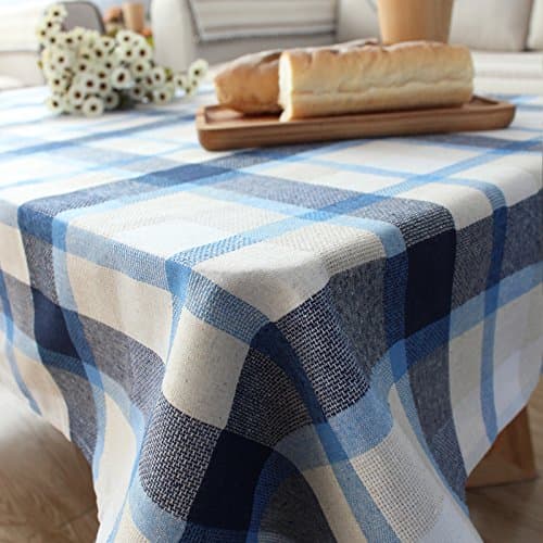 Qingv Mediterranean garden tablecloth fabric cotton linen rectangular grid fresh coffee ~sCotton Hempll round table cover, blue ,100*100cm towel