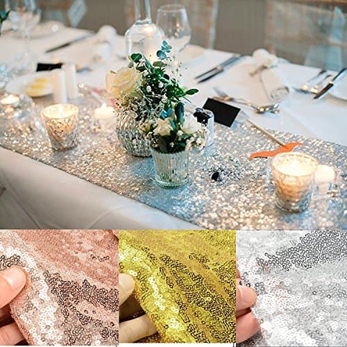 Hihoddy 12 x 108 inch Sparkly Sequin Silver Table Runner Glitter Silver Sequin Tablecloth Rectangle Sequin Table Runner for Home Birthday Party Banquet Wedding Table Decoration