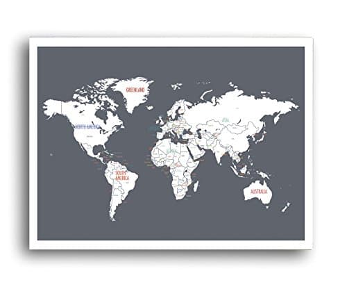 World Map Wall Art, Travel Map, World Map Print, Wall Art for Kids, Nursery Wall Art, Travel Decor, Kid's World Map, Childrens Room Decor, Home Office, Graduation Gift, Grey, Charcoal Grey, 24x18