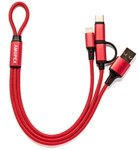 AMOPEX Multi USB Charging Cable O-ring Design Nylon Braided 1-feet Long with Lightning Micro-USB and Type-C Ports (3-in-1) for iPhone Android Typce-C Devices
