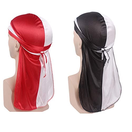YAKEFJ Two Tone Silky Durag Headwraps with Extra Long Tail and Wide Straps for 360 Waves Long Straps