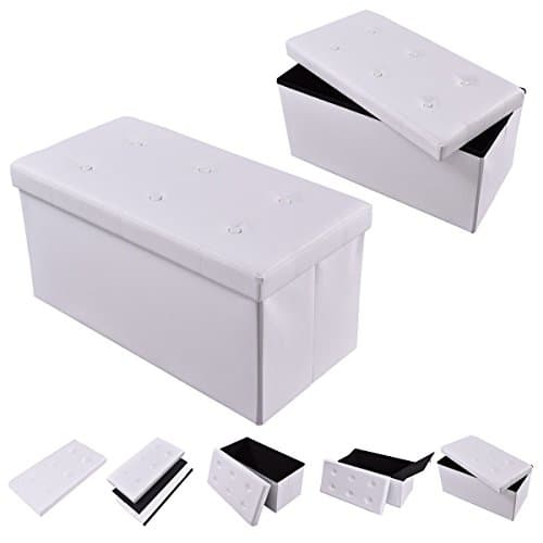White Large PVC Leather Folding Storage Ottoman Organizer Box Bench For Saving Space and Sitting Room