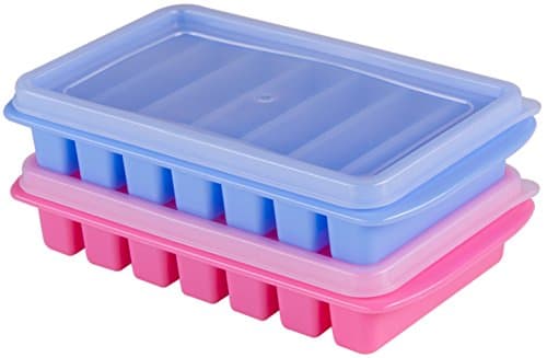 Bluamour 2 Mini Ice Cube Trays with Lids - Creates Perfect Ice for Water Bottles - Great Size for Small Dorm Freezers, Campers and RVs with No Spill Covers (Pink & Blue)