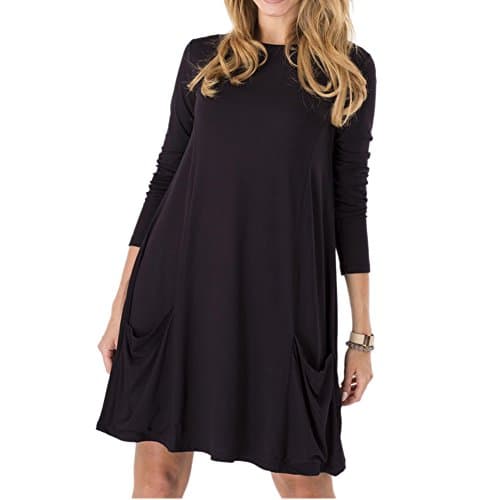 Queenlife Women's Basic Long Sleeve Pockets Casual Swing Plain Tshirt Dress (XXXL, Black)
