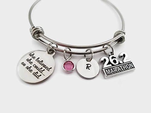 Runners bangle 26.2 race she believed she could so she did adjustable bracelet personalized with birthstone and initial