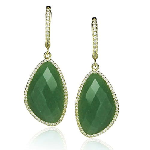Green Jade Tear Drop Lab Created Stone With CZ Border, Gold Plated 925 Sterling Silver Dangle Earrings, By Piers Design