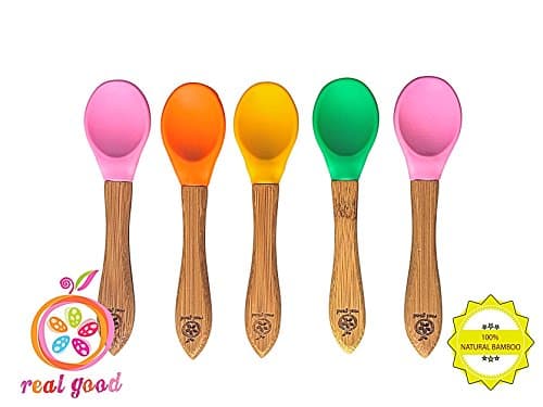 Baby Feeding Spoons Set (5 Pack) - Gum-Friendly First Stage Bamboo Weaning Spoons with Soft Silicone Tips for Babies - BPA, Phthalate, Plastic &amp; Lead Free - Great Infant Gift