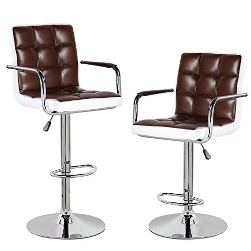 Modern Contemporary Leather Swivel Adjustable Height Bar Stools with Backs and Arms Set of 2 Brown White