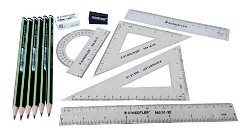Basic Mathematics Set, Protractor, 2 Set Squares, 8 in Ruler, 6 in Flexible Plastic Ruler, 6 Pencils, Sharpener, Eraser, Total 13 Piece Bundle
