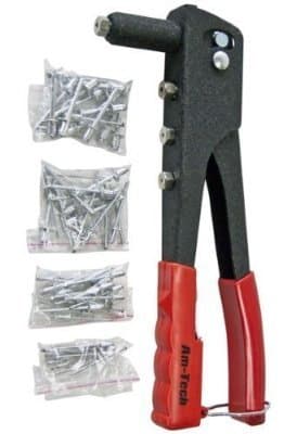 Interchangeable heavy duty pop rivet gun & 60 assorted size rivets - With four interchangeable nozzles and assorted rivets.