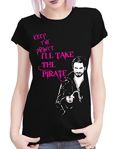 Lukreative Design Once Upon A Time Captain Hook Keep The Prince - with Pink Text - Ladies Black Tee Shirt