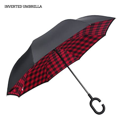 Premium Double Layer Inverted Umbrella For Car By AmbrellaOK Reverse Folding Upside Down C-Shaped Hands Free Handle - Compact Lightweight & Windproof – Ideal Gift Men & Women (Manual-Black-Checks)