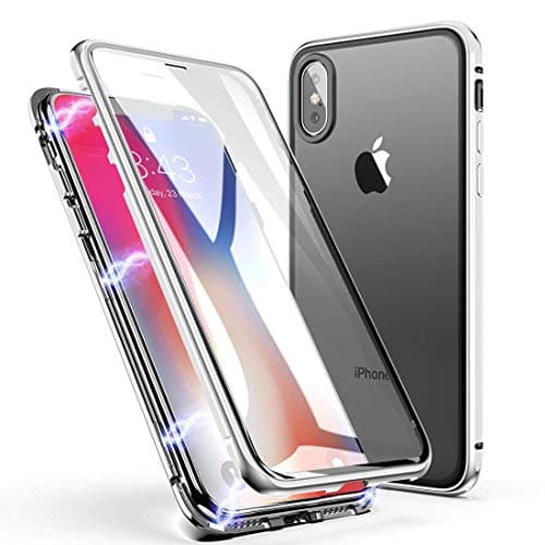 Case For iPhone X/iPhoen XS, Magnetic Adsorption Case Front and Back Tempered Glass Full Screen Coverage One-piece Design Flip Cover [Support Wireless Charging] (Transparent silver)