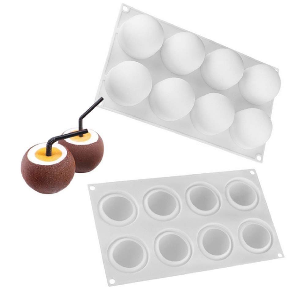 Uhat Silicone Mold 3D Heart High Circle Ball Double Layer Cherry Shape Bakeware Mold Chocolate Soap Cake Dessert (8 Cavity High Circle Ball Shape)