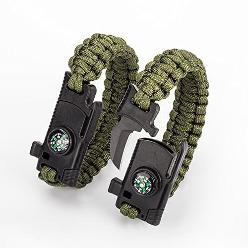 Ruipoo 2PCS Survival Bracelet with Embedded Compass ,Fire Starter, Emergency Knife , Whistle Emergency Bracelets for Hiking Camping Emergency More(Upgraded version Green)