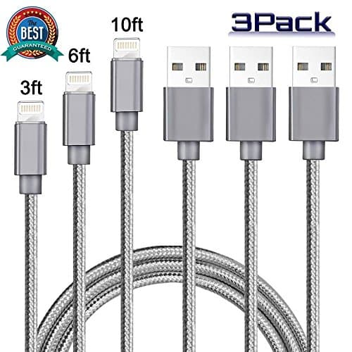 Lightning Cable iPhone Charger 3Pack 3FT / 6FT / 10FT (1M / 2M / 3M) Nylon Braided Charging Cable USB Charger Cable for Apple iPhone X/8/7/7 Plus/6s plus/6s/6/6 plus, iPad/iPod (Sliver Gray)