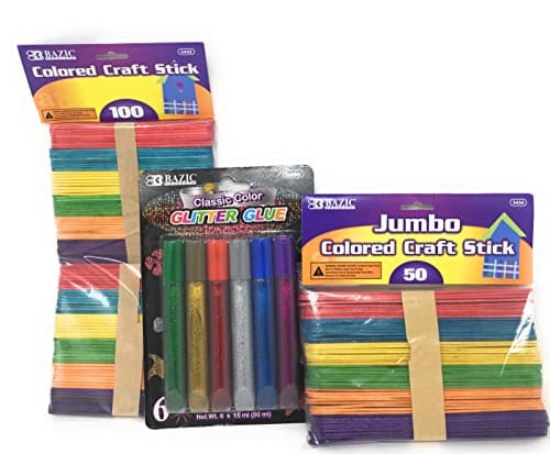 Bazic Bright Colored Craft Stick Bundle: 100 Small Sticks, 50 Jumbo Sticks and 6 Tubes of Classic Glitter Glue