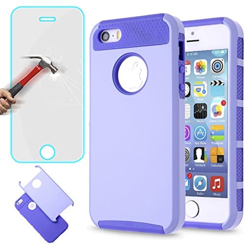 iPhone 5S Case,iPhone 5 Case,iPhone SE Case,AUU Dual Layer Ultra Slim Bumper Cover Rugged Hybrid Shock-Absorption and Anti-Scratch Protective Purple+Purple Tempered Glass Screen Protector
