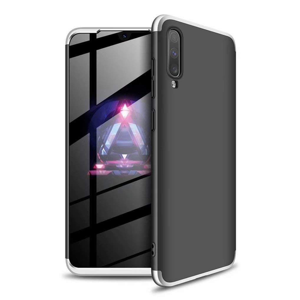 Ttimao Compatible with Samsung Galaxy A50 Case PC Hard Case [Tempered Glass Screen Protector] Ultra-Thin Shockproof 360 ° Bumper Cover 3-in-1 Protective Cover (Silver Black)