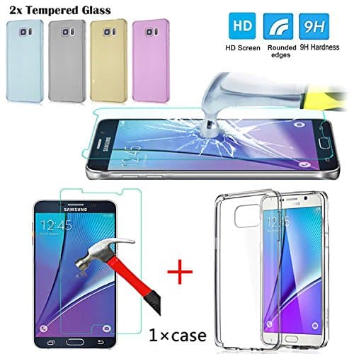 #1 Pure Shield® [3-Pack]-SALE HIGHEST QUALITY HD Case Cover for Note 5 With 2 Pieces Tempered Glass Screen protector for Note 5 inch Screen Glass &amp; Ulta Thin Clear HD Case (Clear) (Note 5, Clear)