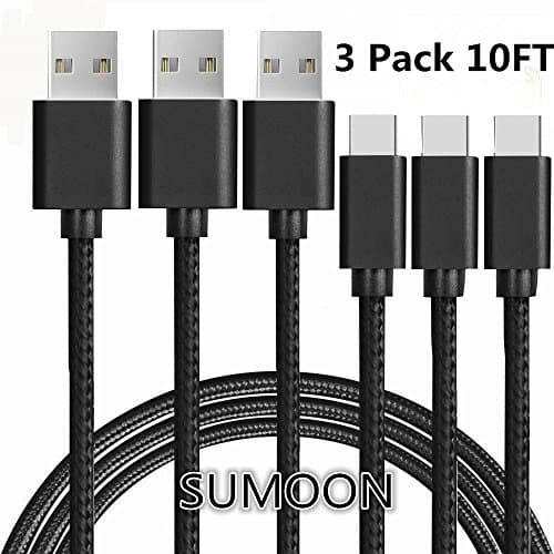 SUMOON Type C Cable,3 Pack 10FT Nylon Braided USB Type C to Type A Cable for Galaxy Note 8/S8/S8 Plus, Google Pixel XL, Nexus 6p/5X, LG G6/G5/V30, HTC 10,OnePlus 5/3T and More (3x10FT-Black)