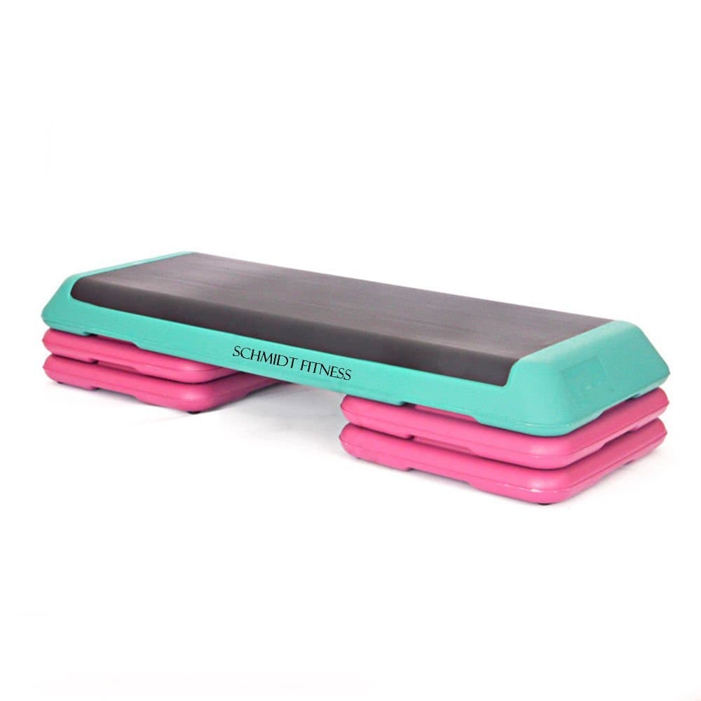 43” Aerobic Stepper with Risers – Adjustable 4” 6” 8” For Home Exercise Workout Step Training Class Sports Fitness Cardio Heavy Duty Platform - Health Club Size Non Stick Surface Sturdy Portable Light