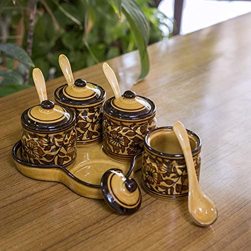 Craftghar® Pickle Jar Set (Ceramic 4 Jars with lids, 4 Spoons, 1 Tray, Brown) | Microwave Safe | Dinning Table Storage Container for Chutney, Pickles, Achar, Spices,Jam, Ketchup