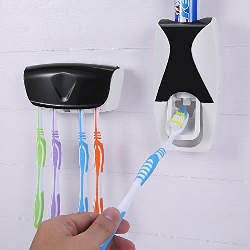 GOODFORTU Automatic Dustproof Toothpaste Dispenser with Toothbrush Holder Organizer Set, Hands Free Toothpaste Squeezer Pump (Black &amp; White)