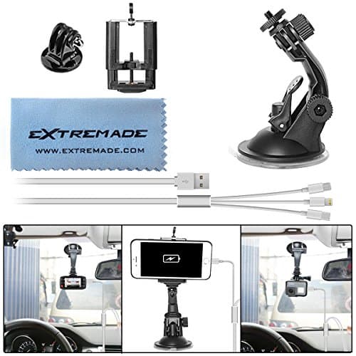 Extremade Car Suction Cup Mount for GoPro / Action Camera / iPhone / Smartphone Car Camcorder Suction Holder Cradle Bracket Support w/ Super Wide Cell Phone Clip / Gopro Adapter / 3in1 USB Cable