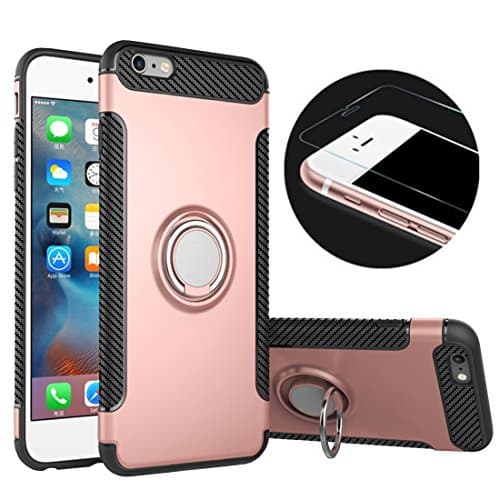 iPhone 6 Plus Phone Case &amp; Tempered Glass Screen Protector,RP Ben Multi-function Car Holder Stand Magnetic Suction Bracket Finger Ring TPU + PC Cover Case for Apple iPhone 6 Plus/6S Plus(Rose gold)