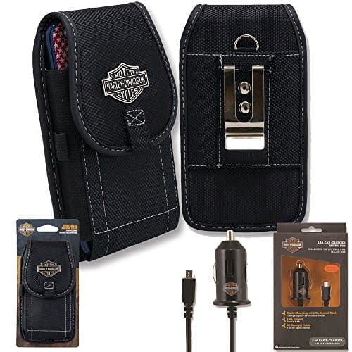 Harley Davidson Nylon Riding Case and 2.4 amp Micro USB 12v Vehicle Car Charger fits LG K10, K8v, K7, K4
