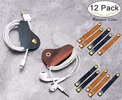 Leather Cable Straps, Magnolora 12 Pack Snap Button Cord Keeper Cable Organizer Desktop Cable Wire Management Headphone Earphone Wrap Winder