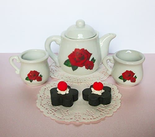 Red Rose Ceramic Tea Set Pitcher 2 Tea Cups and 2 Chocolates Playset Perfect for 14 inch and 18 Inch American Girl and Wellie Wishers Dolls