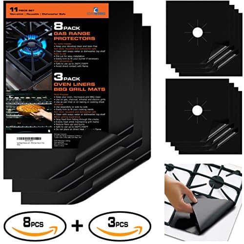 Gas Range Protectors with Large Oven Liners, 11 Pack, Burner Stovetop Hob Covers, BBQ Grill Mats, Reusable Heavy Duty Non-Stick Dishwasher Safe Easy to Clean, FDA Approved BPA &amp; PFOA Free, Black