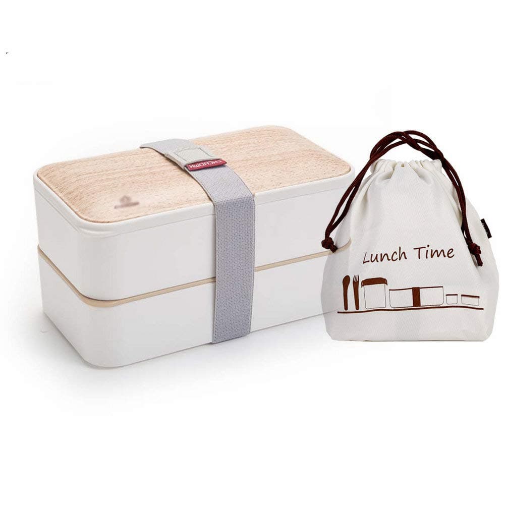 YOYO Home one Stackable 2 Tier Bento Lunch Box +Free Fun Lunch Notes, Cutlery, Chopsticks,2 Color Options - Premium Leakproof Lunch Box for Adults & Kids(Bamboo White)
