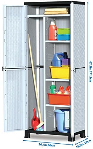 Plascoline Madera 4-Shelf Multi-Purpose Plastic Utility Storage Cabinet with Doors and Floor Risers, 26.7" W x 15.3" D x 67.5" H
