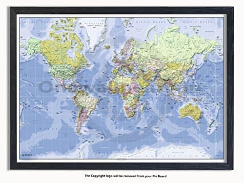 Laminated PostersFramed - World Physical Map - Push Pin Memo Notice Board - Black Driftwood Effect - Matt Finish - Measures 96.5 x 66 cms (38 x 26 Inches - Approx)