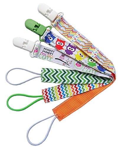 Pacifier Holder -3 Pack Unisex- Unique 2-Sided Design Ribbon Strap with Plastic Clips for Teething Dummy Binky Toys