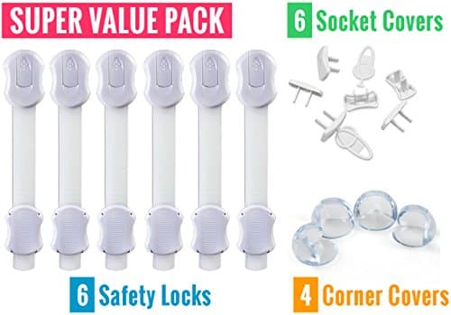 6 Cabinet Locks, 6 Outlet Covers, 4 Table Corner Guards | Baby Proof Kit For Cabinets, Drawers, Fridge, Oven, Toilet | Adhesive - No Tools or Drilling | Child Safety Pack Of 16