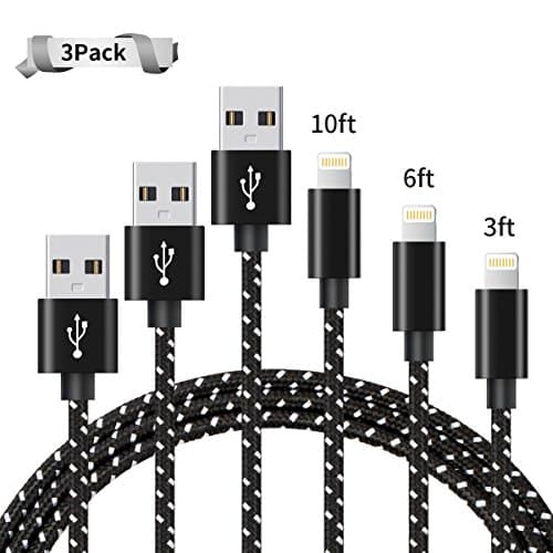 Lightning Cable Nylon Braided iPhone 8 Pin fast Sync and Charging Cable 3 pack [ 3 6 10ft] Lightning Cord for Apple iPhone 7/7 Plus/6s plus/6s/6/ 6 plus/5s/5c/5/5 SE, iPad Mini air /iPod