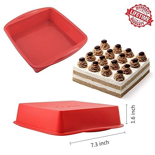 NonStick Square Cake Pan, IC ICLOVER [4 Pack] 7 Inch Food Grade Silicone Square Baking Pan Square Bakeware Bread Cake Mold with Handle Grips BPA Free - Red
