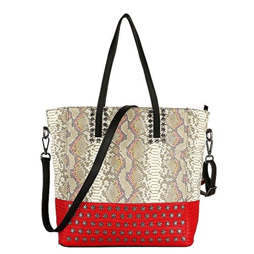 Snakeskin Pattern Genuine Leather Handbag Tote (Red)