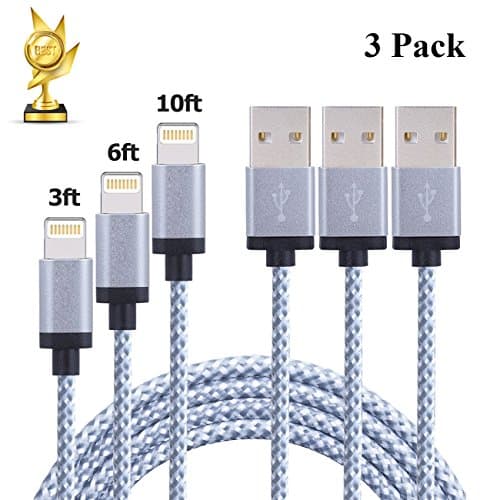ZFLQ Lightning to USB Cable, 3-Pack iPhone Charger Cable 3ft 6ft 10ft Charging for iPhone 7 / 7 plus / 6s / 6s plus, iPad, iPod (Gray &amp; White)