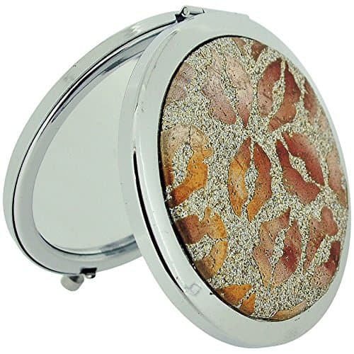 Compact Mirror Silver Plated Gold Glitter &amp; Bronze Lips Print Compact Dual Mirror SC1004