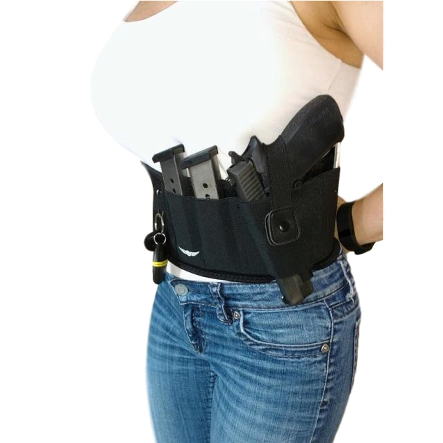 Belly Band Holster with Three Additional Pockets for Two Magazines, Cell Phone or ID and the only Belly Band with a Key-ring Holder - Adjustable Soft Neoprene Concealed Carry for Men and Women