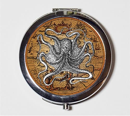 Victorian Octopus Map Compact Mirror Art Haeckel Nautical Steampunk Make Up Pocket Mirror for Cosmetics