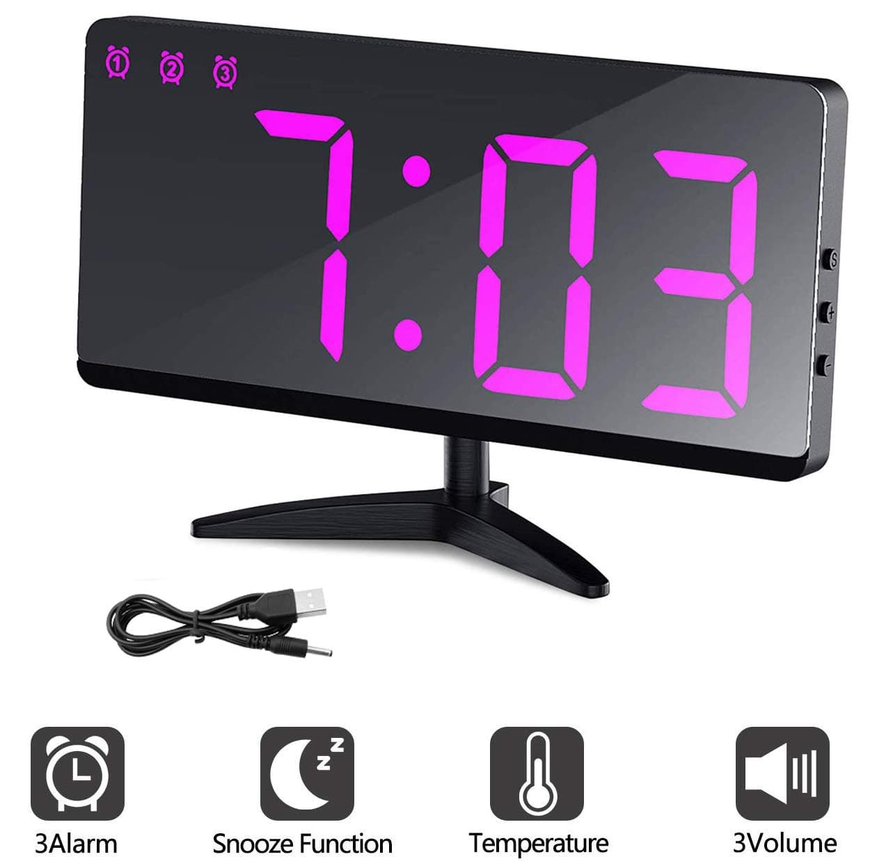 EVILTO Table Alarm Clock, 6.8" Mirror Surface Decorative Digital Modern Alarm Clock with Temperature, 12/24H Mode, Snooze, Dimmer,Adjustable Alarm Volume for Room Decor(Pink)